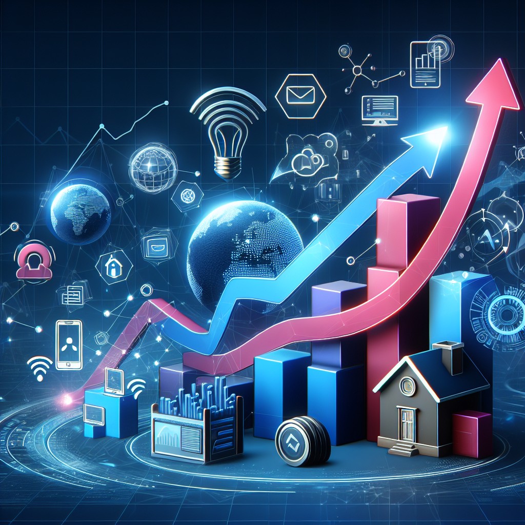 Alt text: Une illustration montrant des icônes de technologies web modernes et un graphique en croissance symbolisant les tendances web pour 2024.