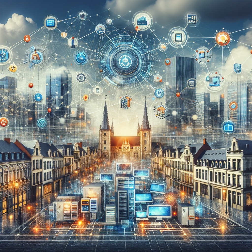 Image représentant la transformation digitale des entreprises en Wallonie avec des éléments comme des réseaux, des infrastructures informatiques et des interfaces utilisateurs.