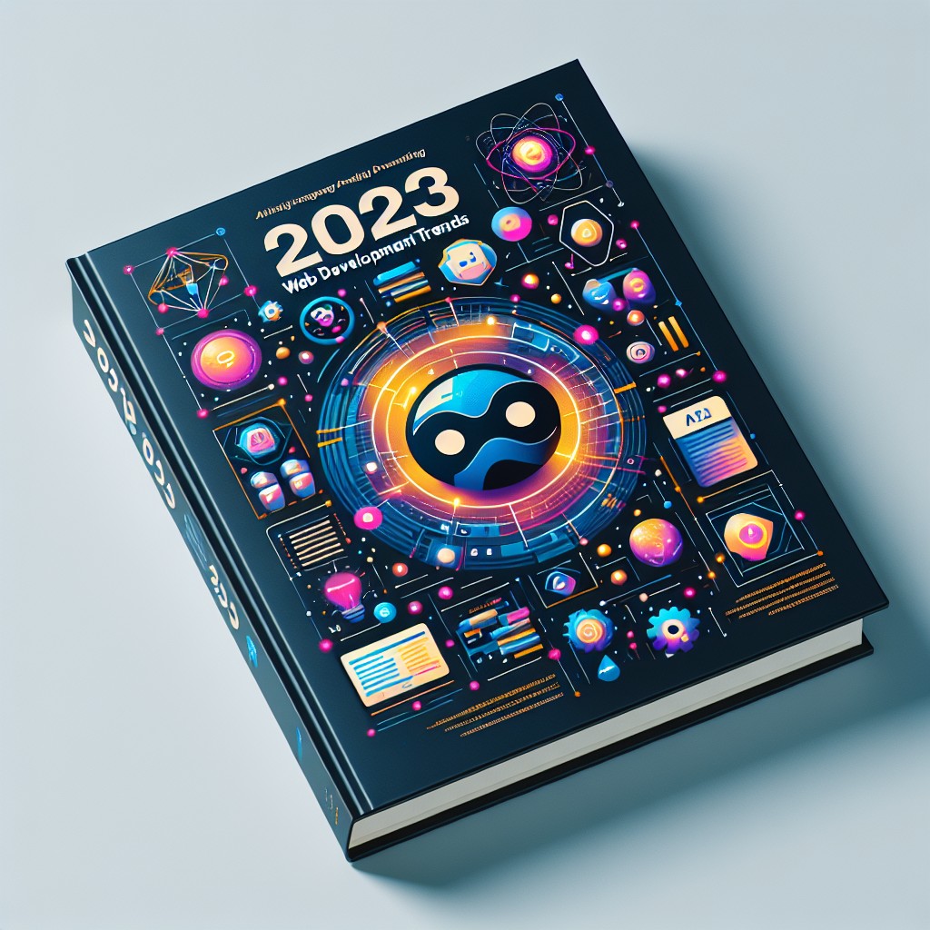 Couverture illustrant les tendances modernes du développement web en 2023, incluant des éléments tels que les PWA, l'IA, et les designs responsive.