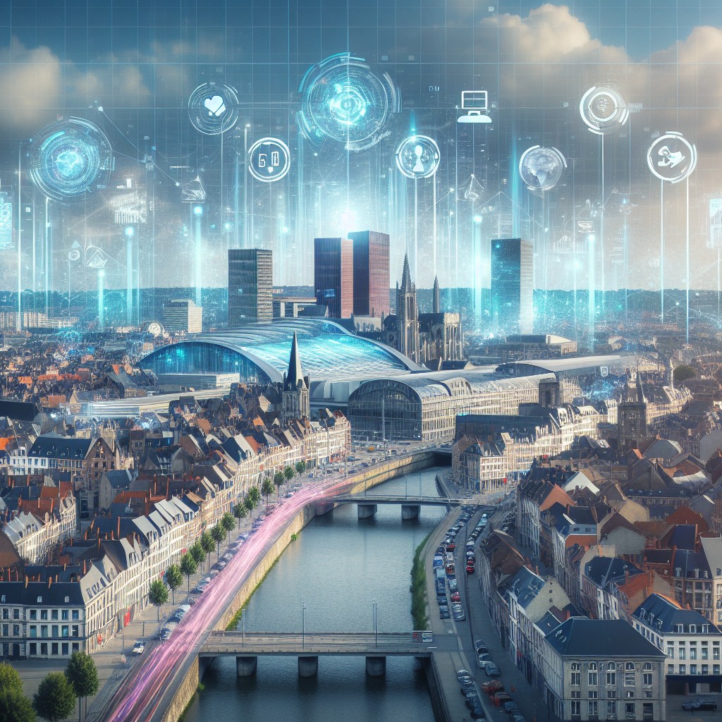 Une vue panoramique de la ville de Liège avec des éléments digitaux surimposés, symbolisant l'interaction entre la technologie et le commerce local.