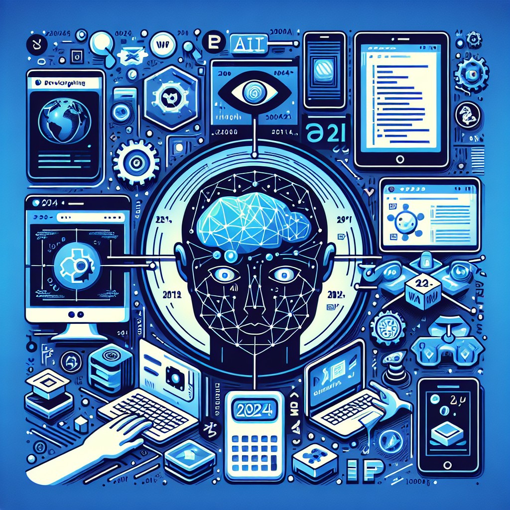 Illustration représentant des tendances technologiques du développement web en 2024, incluant l'IA, les PWA et les frameworks JavaScript.