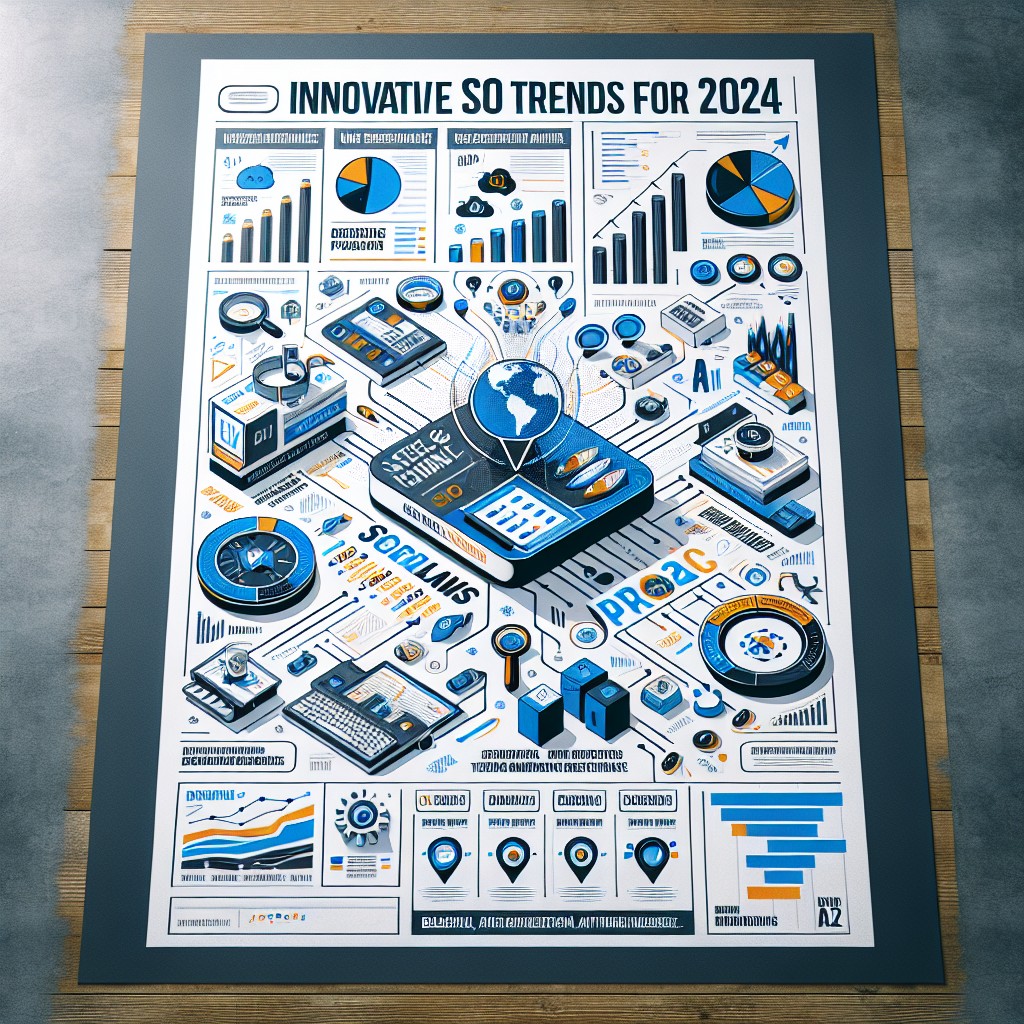 Un graphique représentant les tendances SEO innovantes pour 2024, avec des éléments symboliques comme l'UX, l'IA et le marché belge.