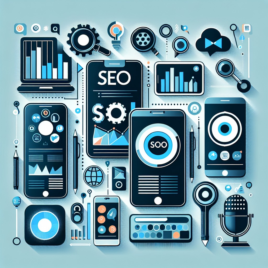 Image de couverture illustrant des concepts modernes de SEO, avec des éléments comme des représentations graphiques de données, des appareils mobiles et des icônes de voix.