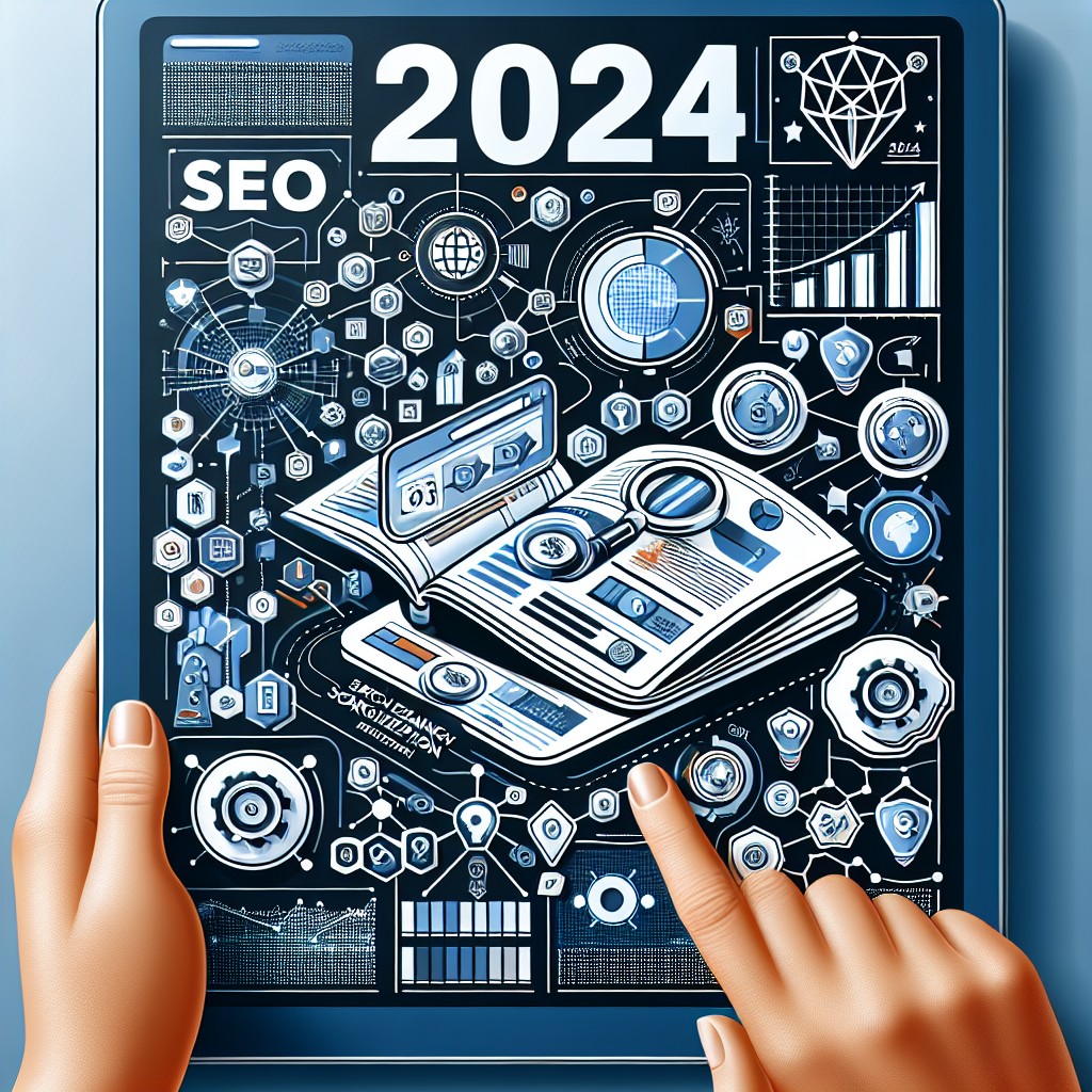 Image de couverture illustrant les tendances SEO pour 2024 avec des graphiques et des icônes symbolisant l'optimisation pour les moteurs de recherche.