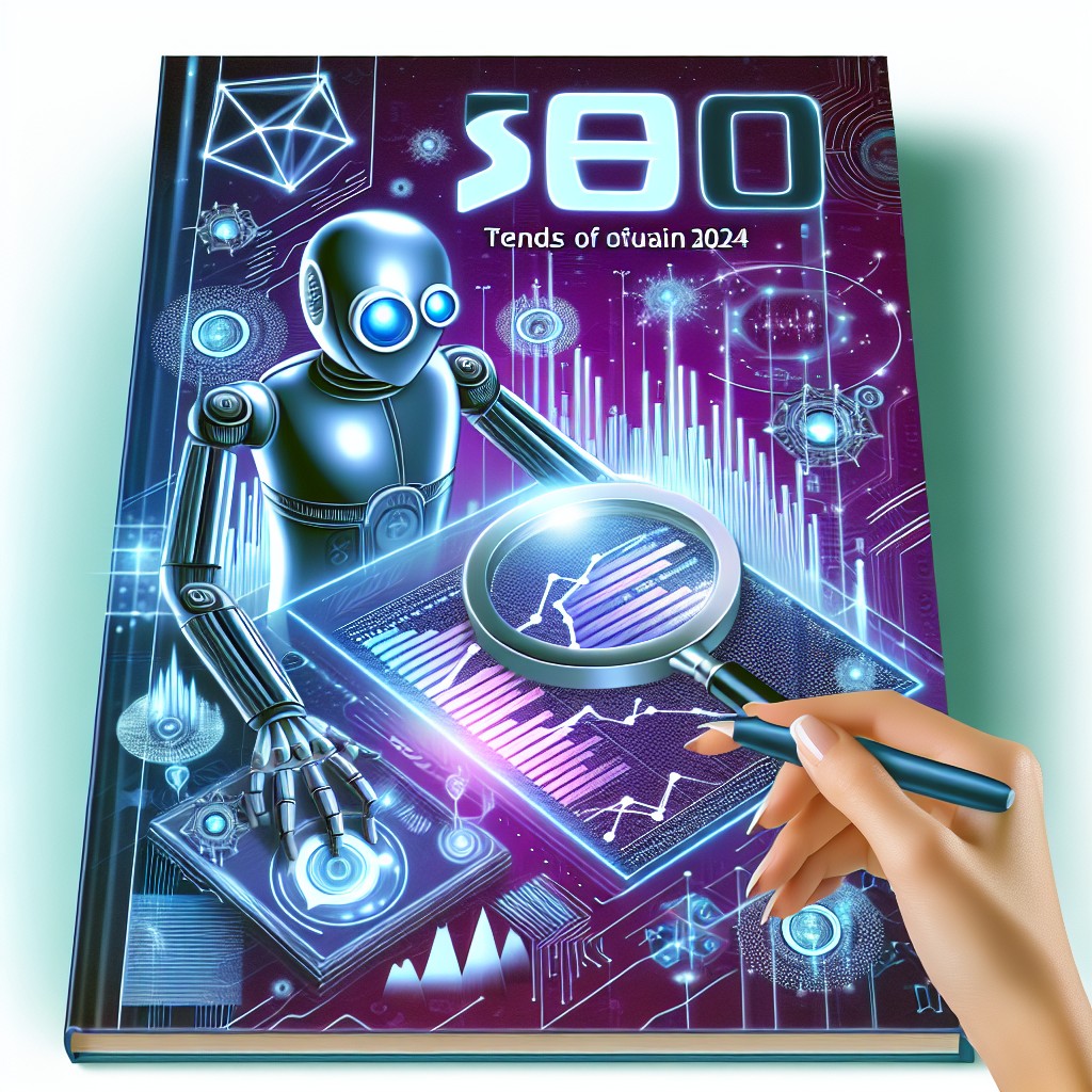 Couverture représentant les tendances SEO de 2024 avec des illustrations technologiques et d'intelligence artificielle.