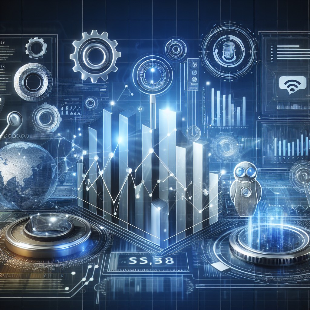 Une illustration montrant un graphique d'analyse SEO moderne avec des éléments technologiques comme l'IA et la recherche vocale en arrière-plan.