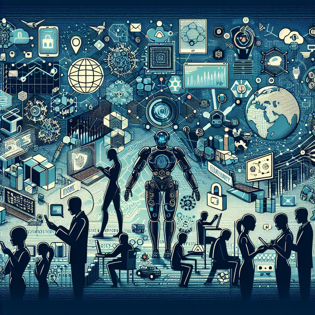 Image de couverture montrant une illustration de tendances technologiques 2024 avec des éléments comme l'IA, la cybersécurité et l'e-commerce.