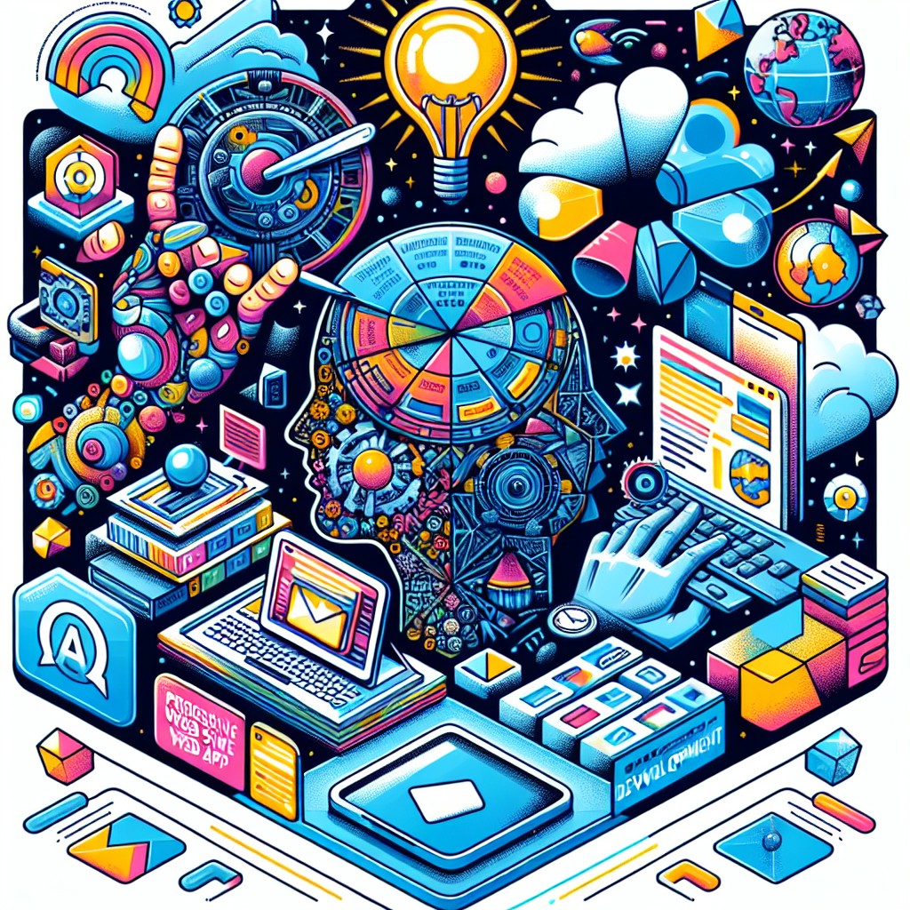 Couverture illustrant les tendances du développement web en 2024, intégrant des éléments comme les Progressive Web Apps, l'intelligence artificielle et le développement mobile-first.