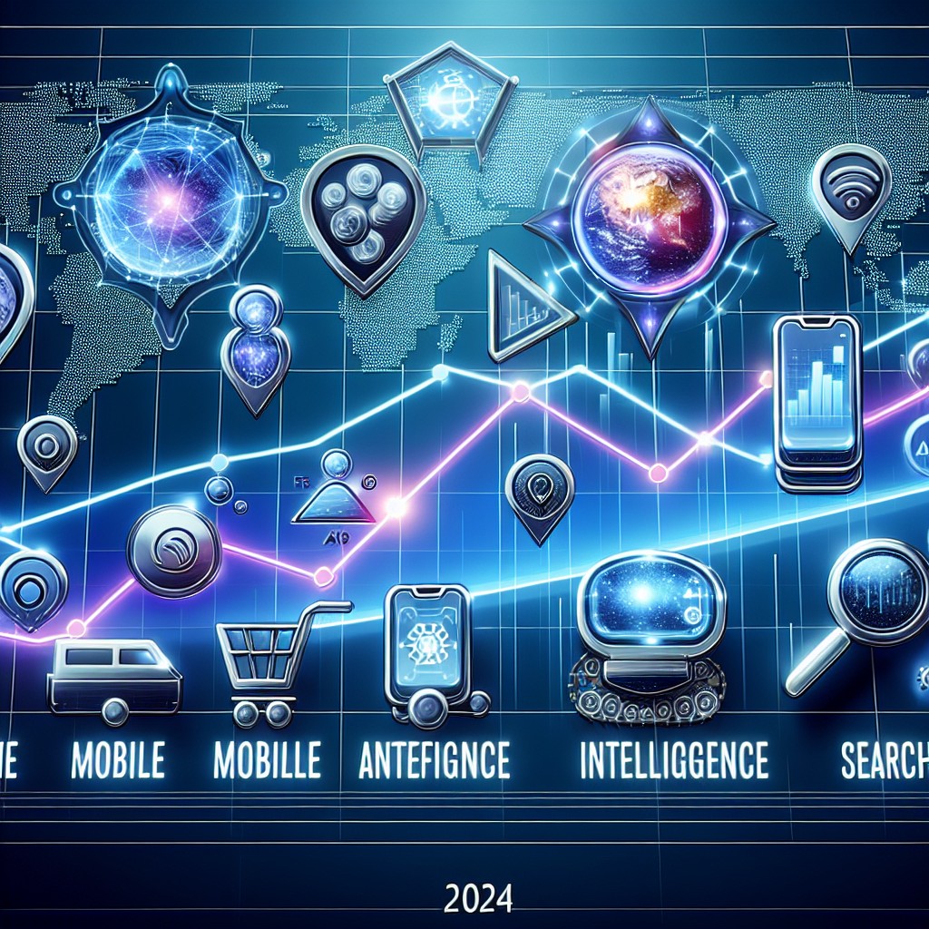 Un graphique montrant les tendances SEO en 2024 avec des icônes de mobile, AI, et recherche vocale.