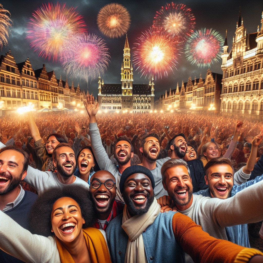 Foule enthousiaste lors de la Fête de Wallonie à Liège, illuminée par des feux d'artifice spectaculaires.