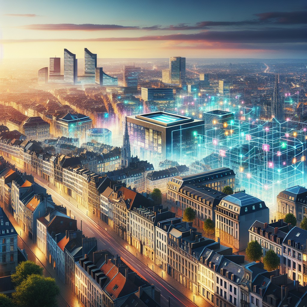 Une vue aérienne de Bruxelles, illustrant un centre urbain dynamique, avec des bâtiments modernes représentant l'innovation technologique et l'écosystème entrepreneurial de la ville en 2024.