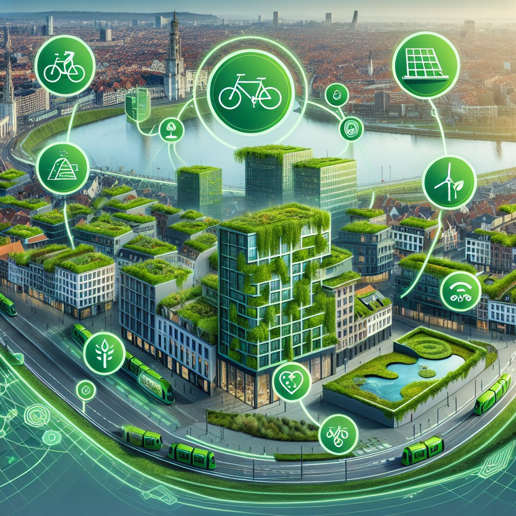 Image d'innovation durable avec une ville verte en arrière-plan et des technologies vertes en action, mettant en évidence une Belgique résiliente et progressiste.