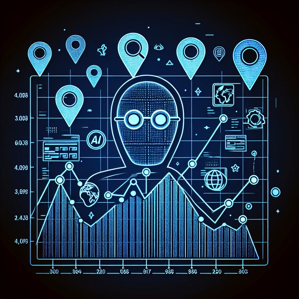 Couverture illustrant un graphique SEO avec des icônes de localisation et d'intelligence artificielle.