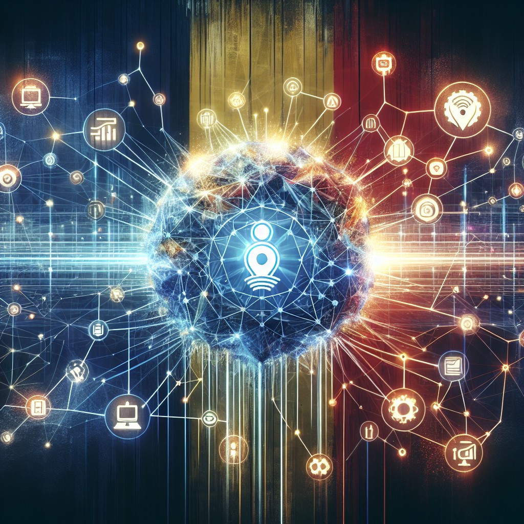 Une illustration moderne représentant un réseau technologique symbolisant l'impact de l'IA sur les PME belges.