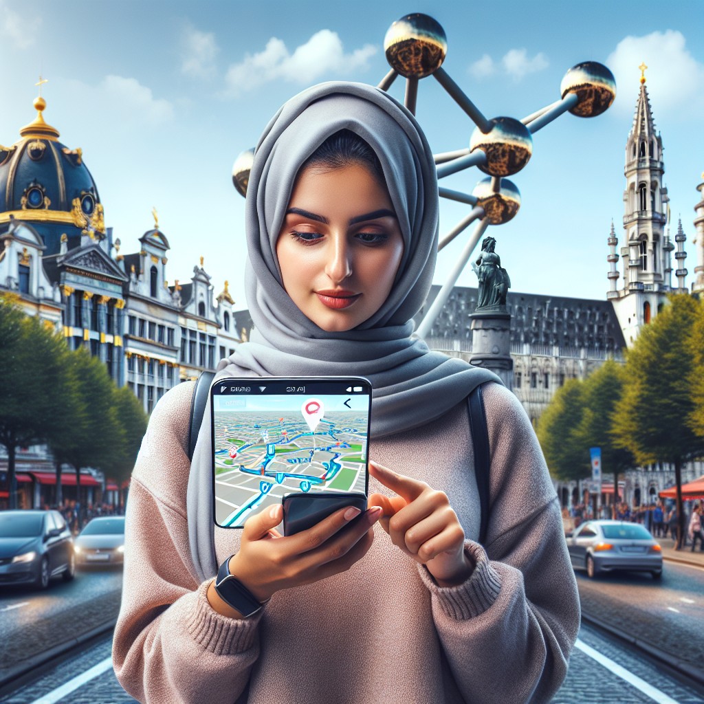 Image d'un voyageur explorant Bruxelles, en utilisant une application mobile d'intelligence artificielle pour naviguer entre les sites touristiques emblématiques de la ville.