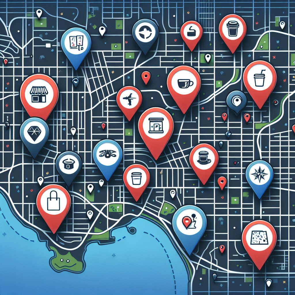 Une image représentant une carte géographique avec des épingles localisant plusieurs entreprises locales comme des cafés, restaurants et magasins, illustrant le concept de référencement local.