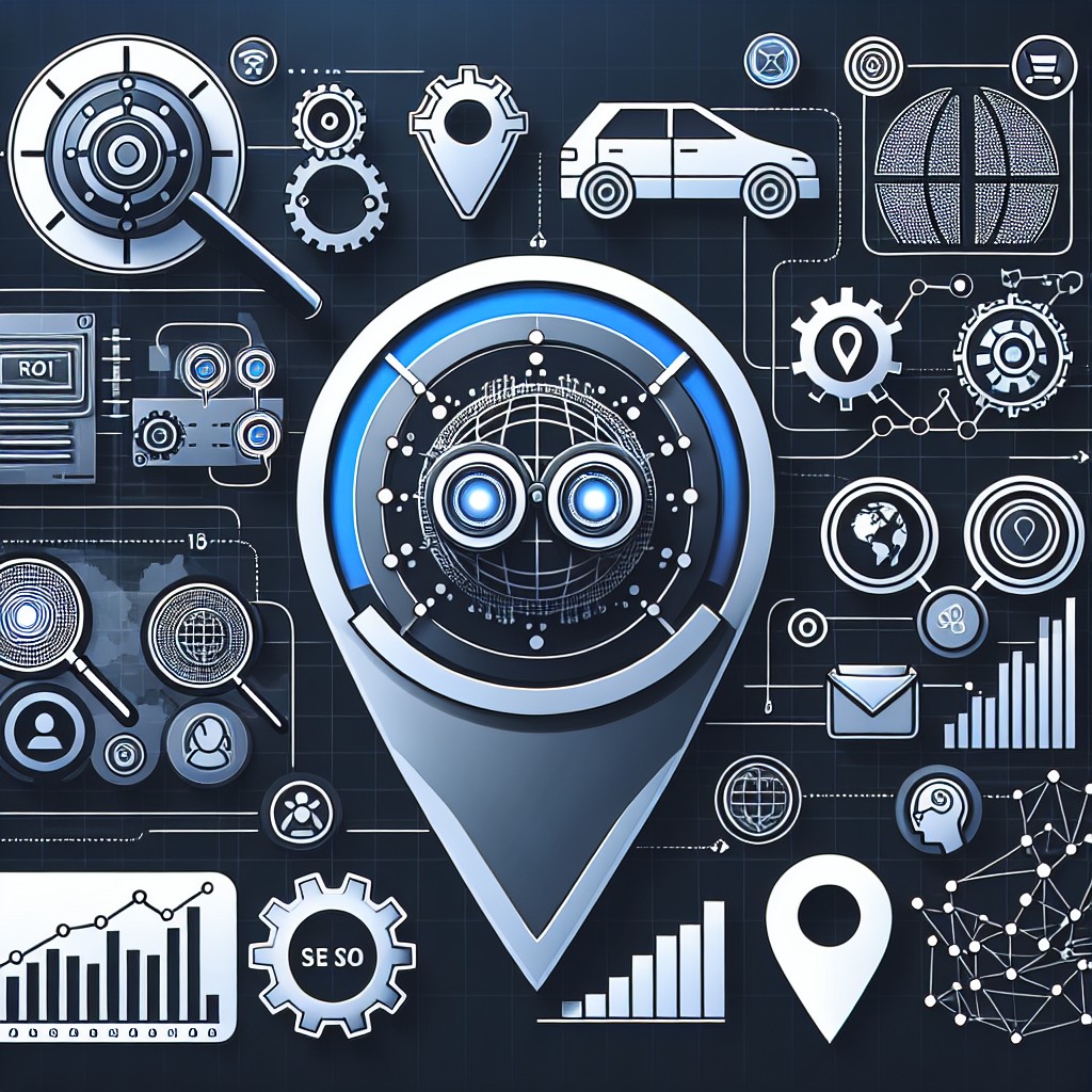 Un graphique illustrant l'impact de l'IA sur les tendances du référencement local, avec des données et des icônes technologiques.