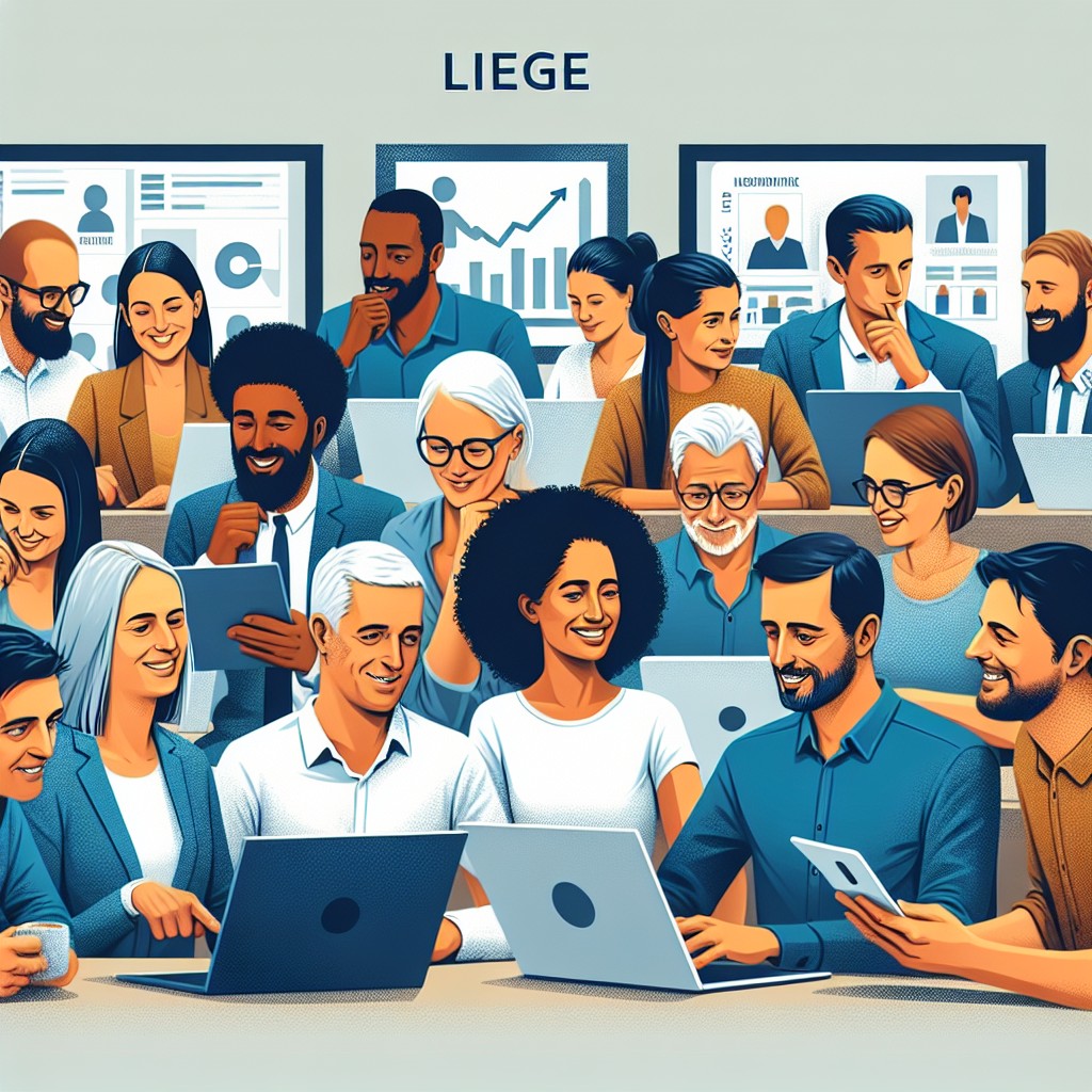 Illustration représentant des entrepreneurs de TPE/PME à Liège utilisant des technologies numériques pour améliorer leurs activités.