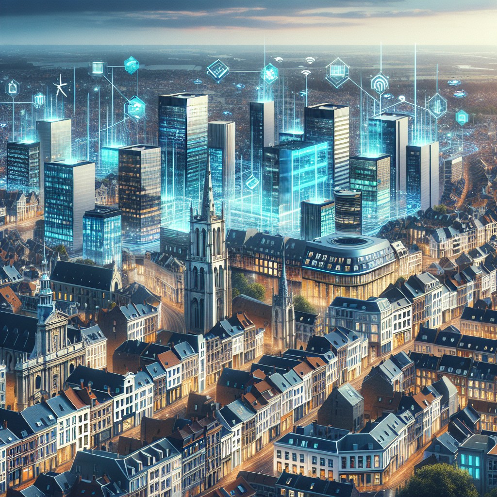 Image de couverture montrant une ville belge moderne avec des éléments numériques et technologiques intégrés.