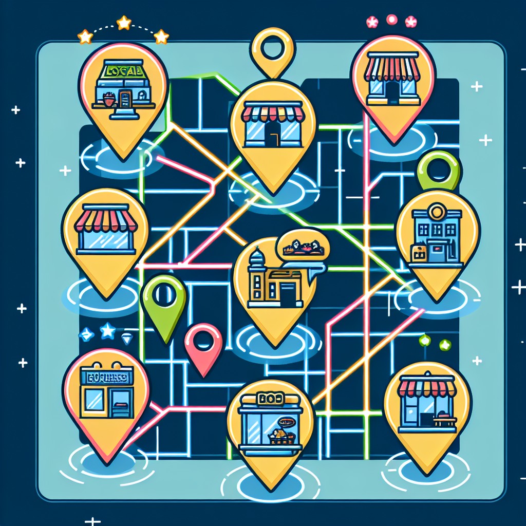 Illustration d'une carte locale avec des épingles de localisation représentant des entreprises locales connectées par un réseau digital.