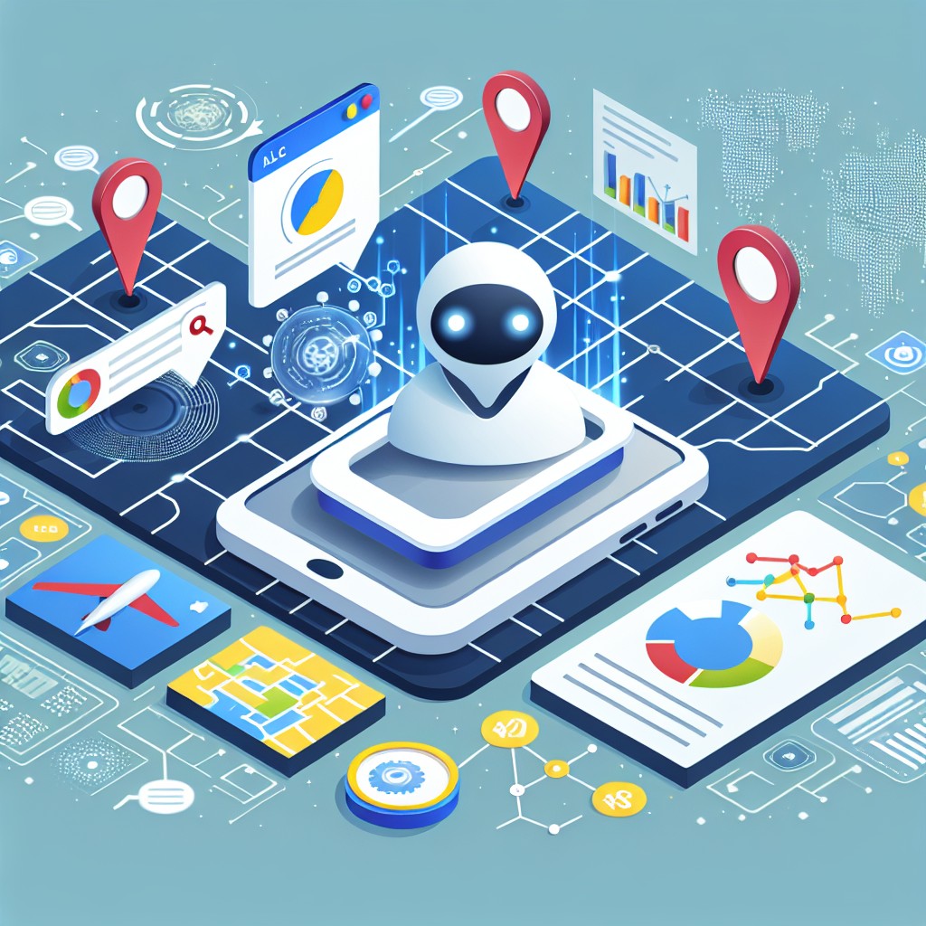 Illustration montrant l'impact de l'IA sur le SEO local, avec des éléments visuels de recherche locale et d'analyse de données.