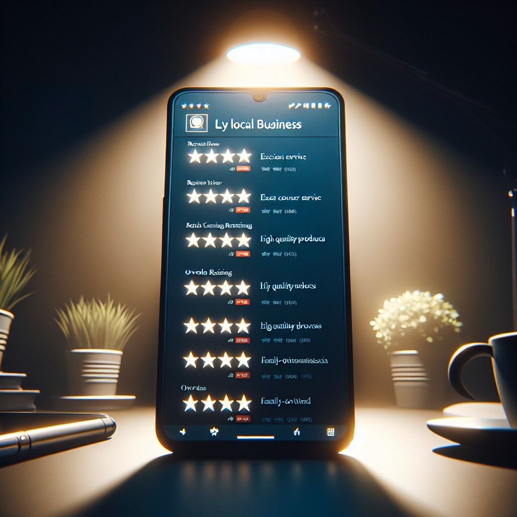 Une image d'un smartphone montrant des avis positifs sur une entreprise locale.