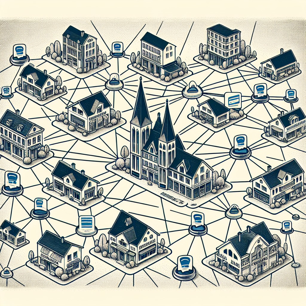 Une illustration représentant des connexions entre différentes entreprises locales en Belgique, symbolisant les backlinks.