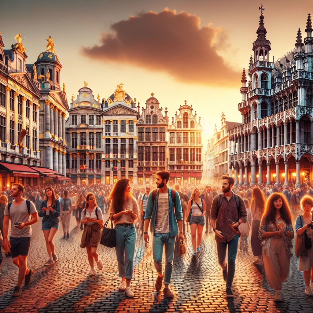 Une vue panoramique de la Grand-Place de Bruxelles au coucher du soleil avec des touristes explorant la place animée.