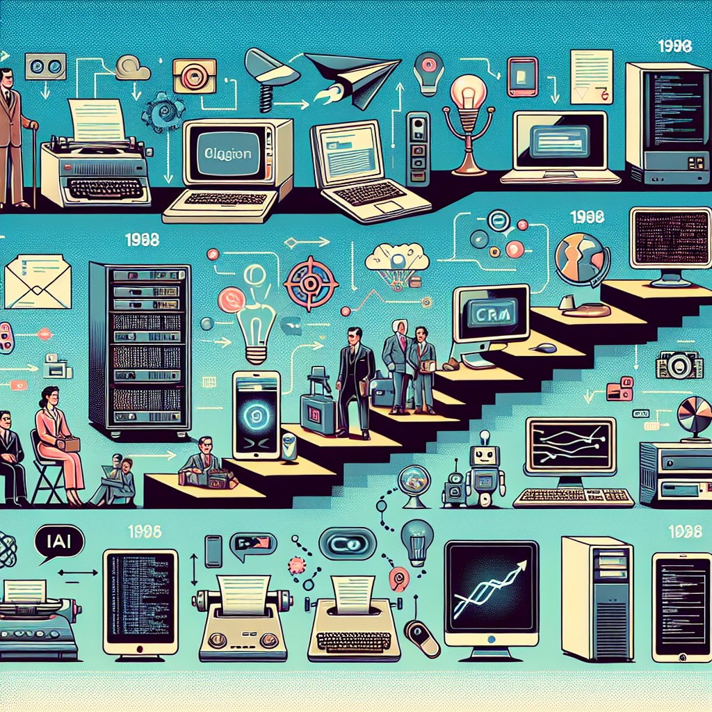 Illustration représentant l'évolution technologique et son impact sur les entreprises, avec des éléments comme le numérique, le CRM et le Machine Learning.