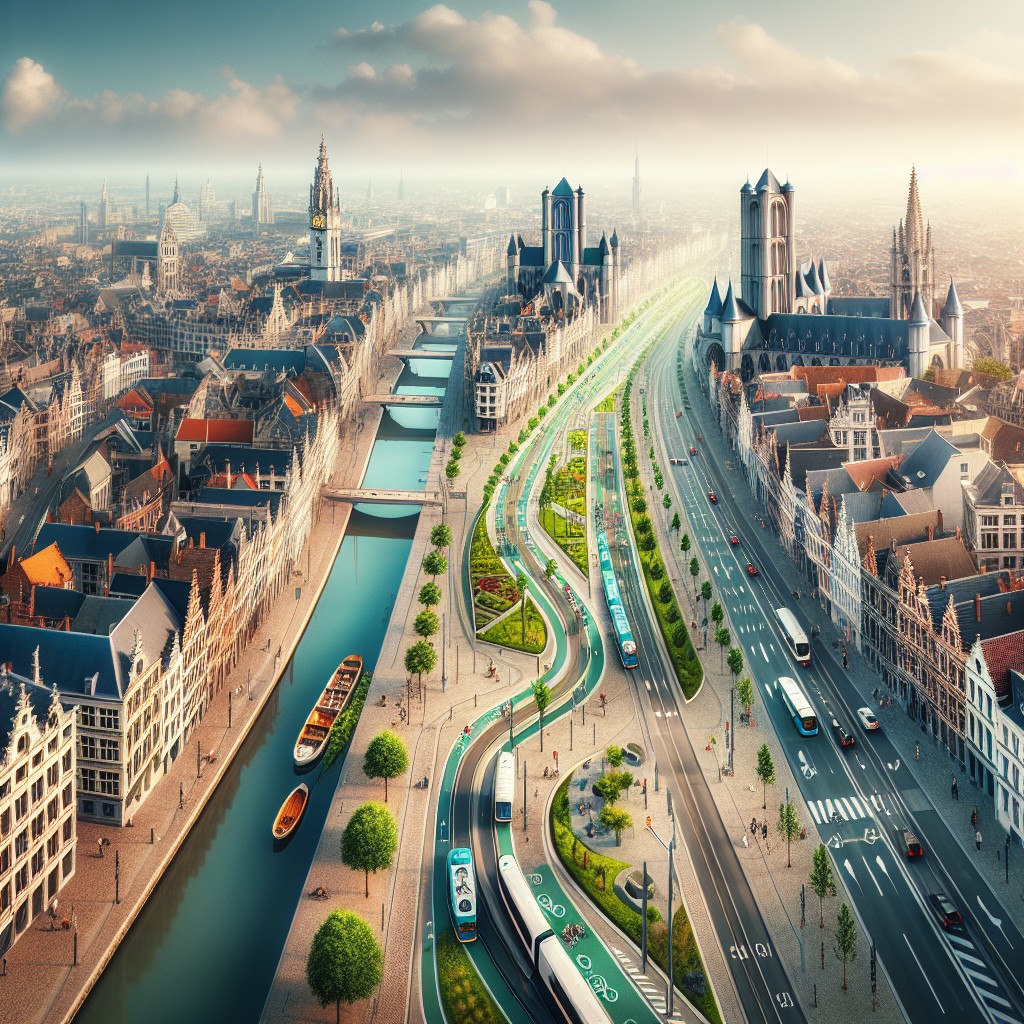 Vue panoramique de la ville de Gand avec des infrastructures de transport durable.