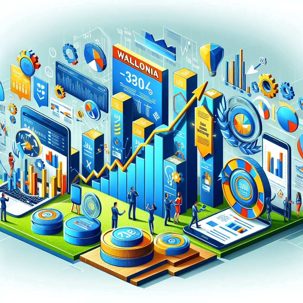 Illustration de la croissance du marketing digital en Wallonie, avec des éléments comme des graphiques de données, des appareils numériques, et des exemples de succès locaux.