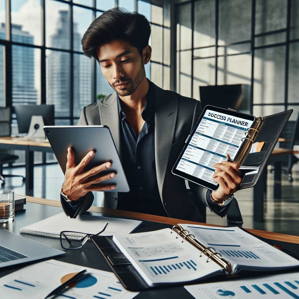 Couverture montrant un employé utilisant un Succes Planner digital et papier pour organiser ses tâches quotidiennes au bureau.