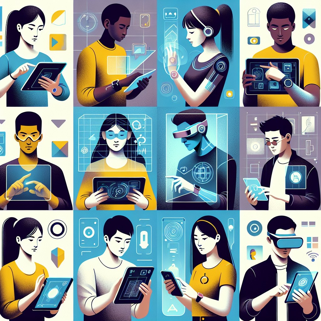 Couverture illustrant des concepts de design UX avec des interfaces utilisateur et des personnes interagissant avec des appareils numériques.