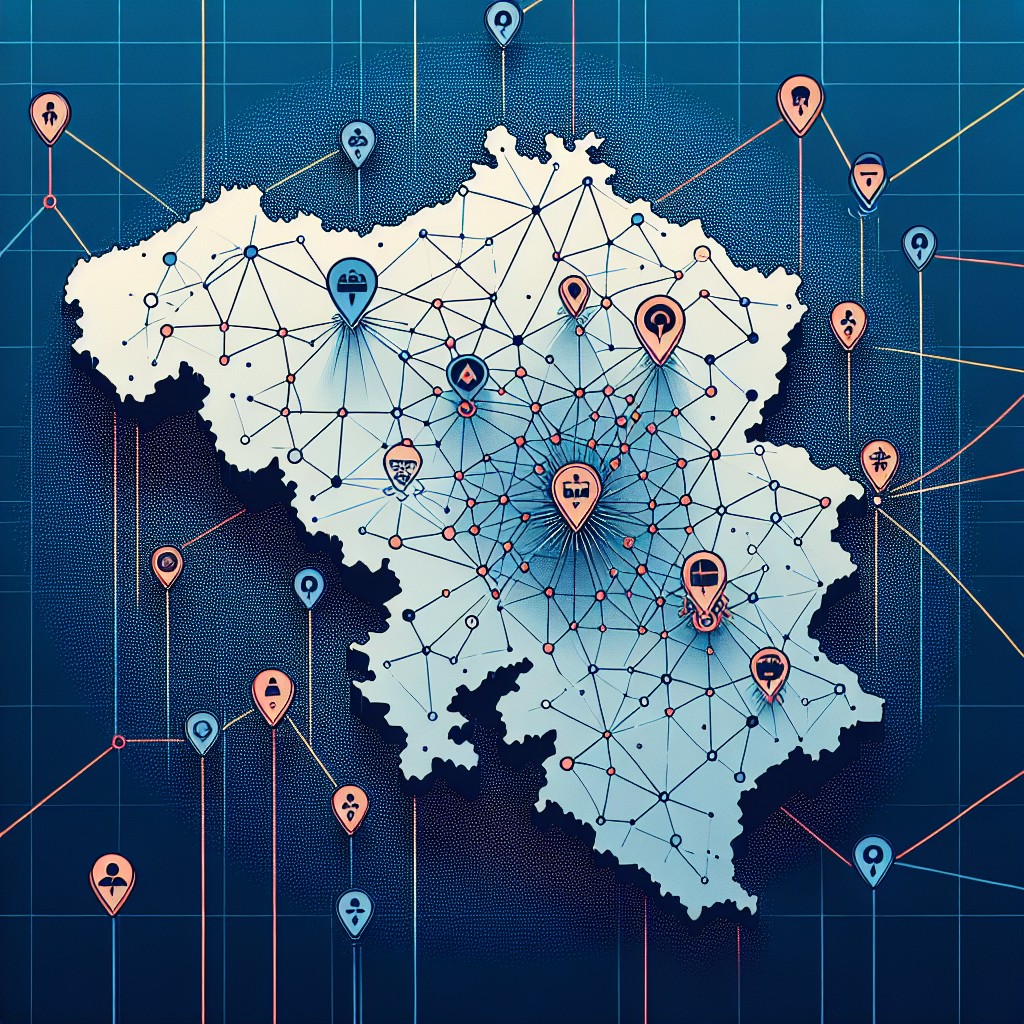 Une illustration montrant une carte de la Wallonie avec des points de connexion représentant des agences web locales collaborant avec des entreprises.