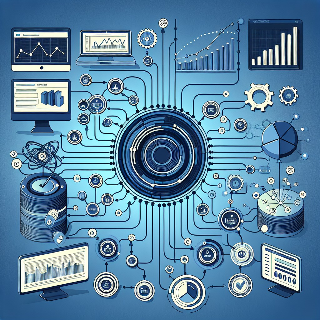 Image représentant l'intégration des systèmes E-commerce et CRM avec un tableau de bord de données, illustrant la synergie entre les plateformes.