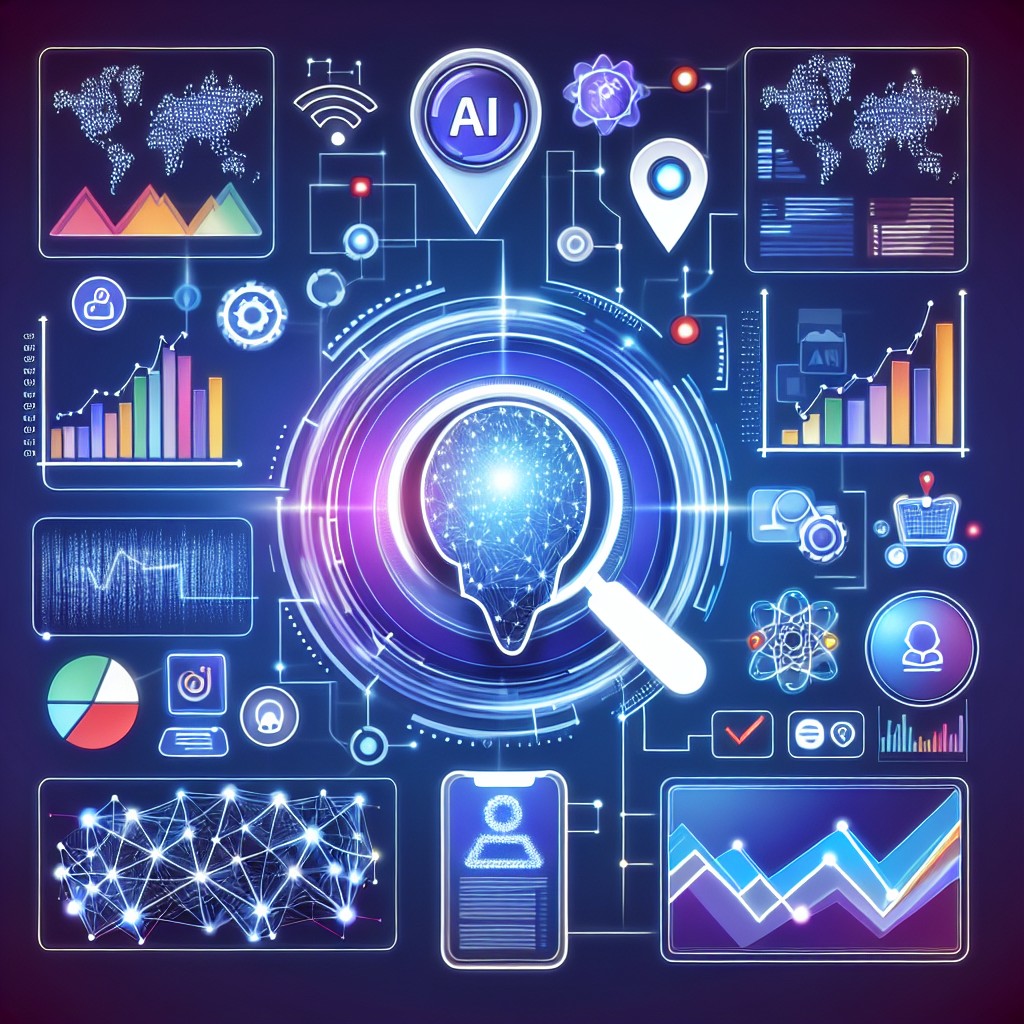 Illustration représentant l'impact de l'IA sur le SEO local avec des graphiques et des éléments technologiques modernes.