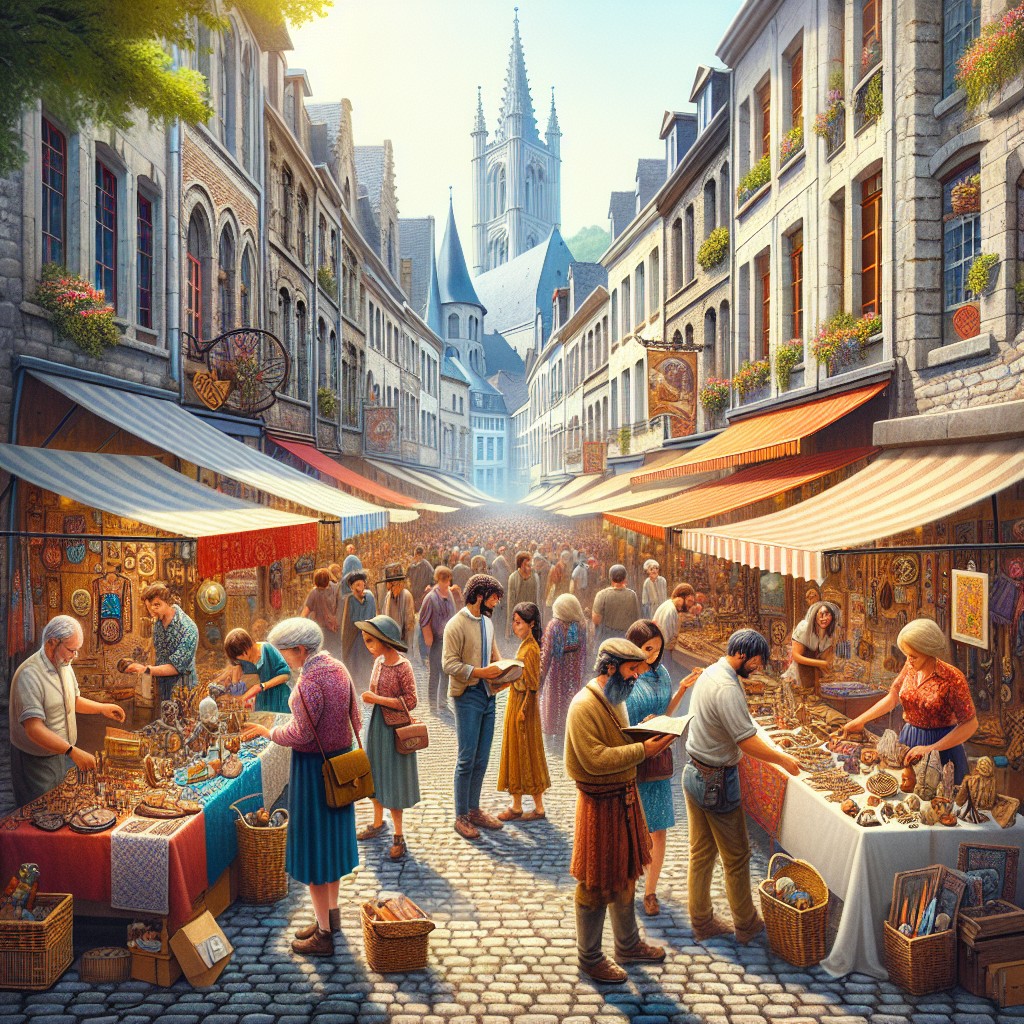 Image de couverture montrant le marché des artisans, avec des stands colorés et des visiteurs explorant les produits locaux dans une rue historique de Namur.