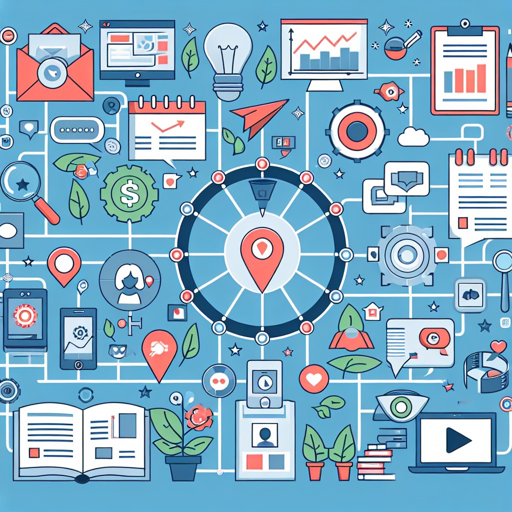 Illustration d'une carte stratégique avec des éléments de planification de contenu, incluant des icônes de blogs, vidéos, et réseaux sociaux.