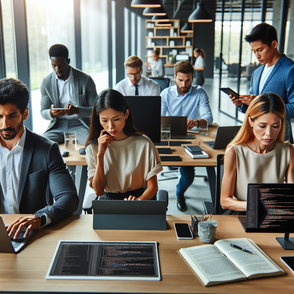 Image d'entrepreneurs travaillant sur des outils numériques dans un environnement de bureau moderne