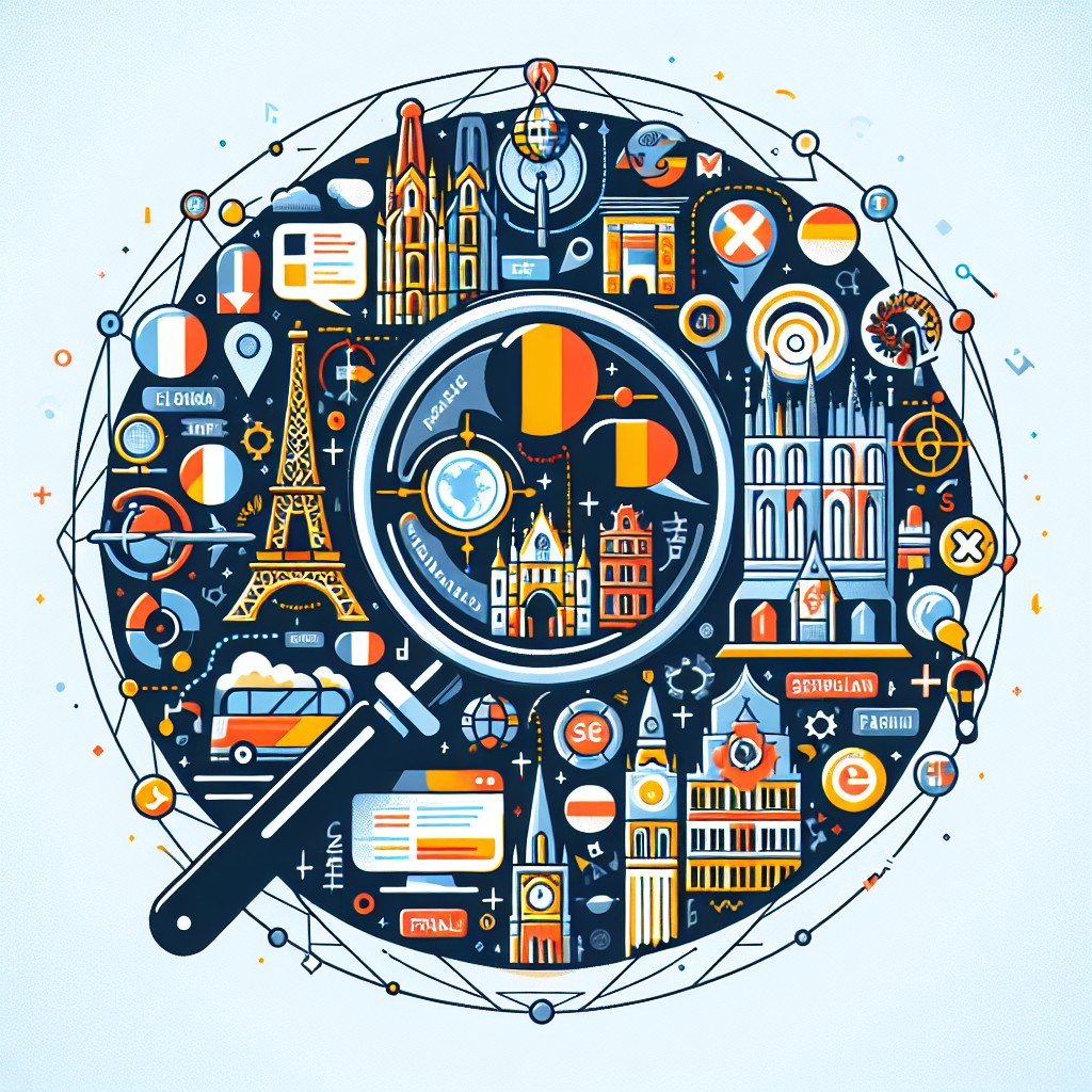 Image de couverture illustrant la diversité culturelle et linguistique de la Belgique, avec des éléments représentant le SEO local.