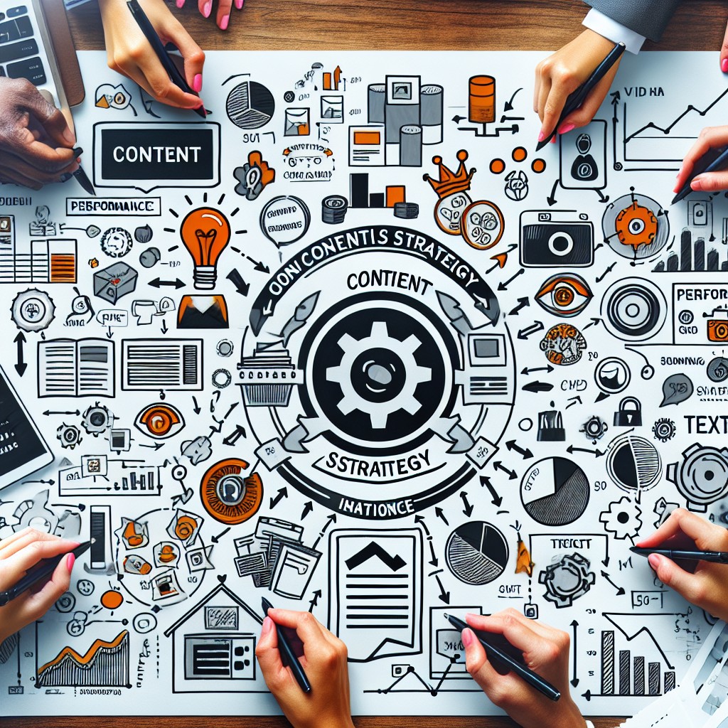 Image représentant des éléments clés de la stratégie de contenu : documents stratégiques, graphiques de performance, et divers formats de contenu.