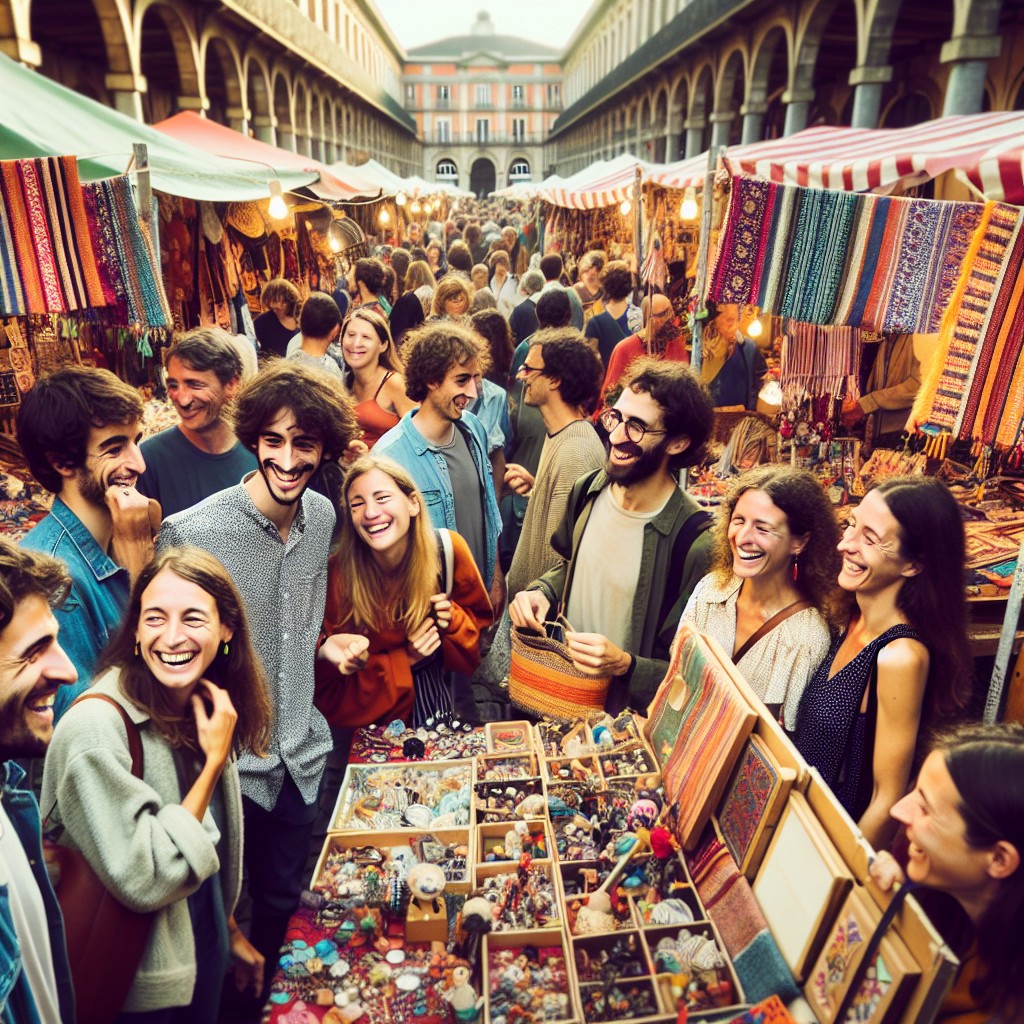 Photo du Marché de Namur montrant des stands colorés avec des produits artisanaux, des visiteurs souriants et une ambiance conviviale.