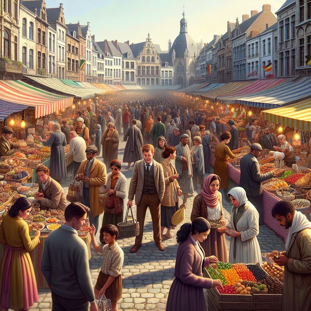 Un marché animé de Namur avec des stands colorés et des visiteurs se promenant.