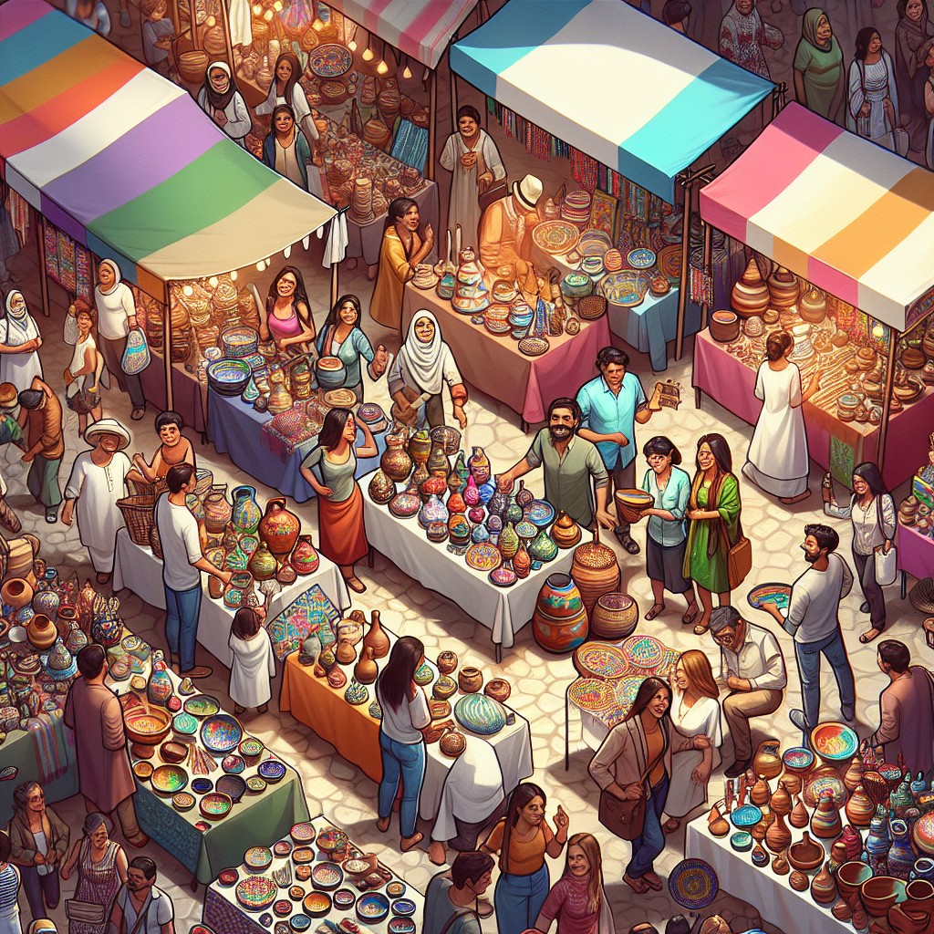 Vue d'en haut du Marché des Artisans avec étals colorés et foule enjouée.