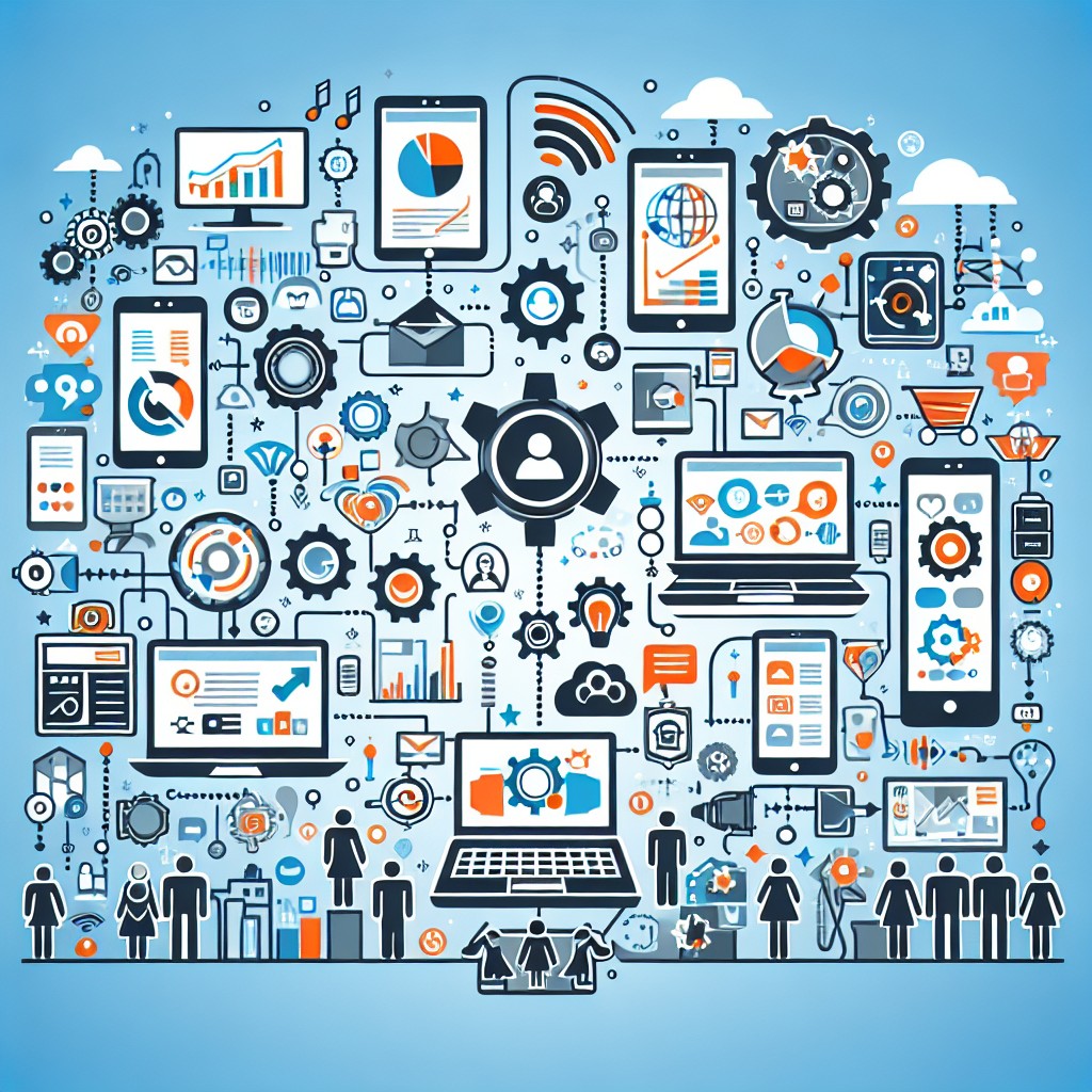 Image de couverture illustrant le concept de marketing automation avec des icônes de technologie et de gestion des clients.