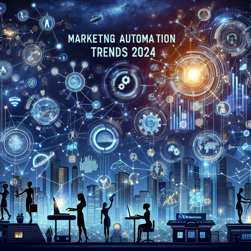 Couverture d'un article sur les tendances du marketing automation pour 2024, illustrant des outils numériques avancés en action.