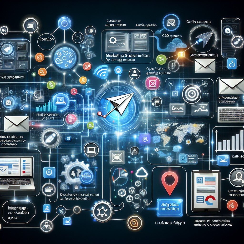 Un graphisme illustrant le concept de marketing automation pour les PME, montrant des outils numériques et des interactions clients.