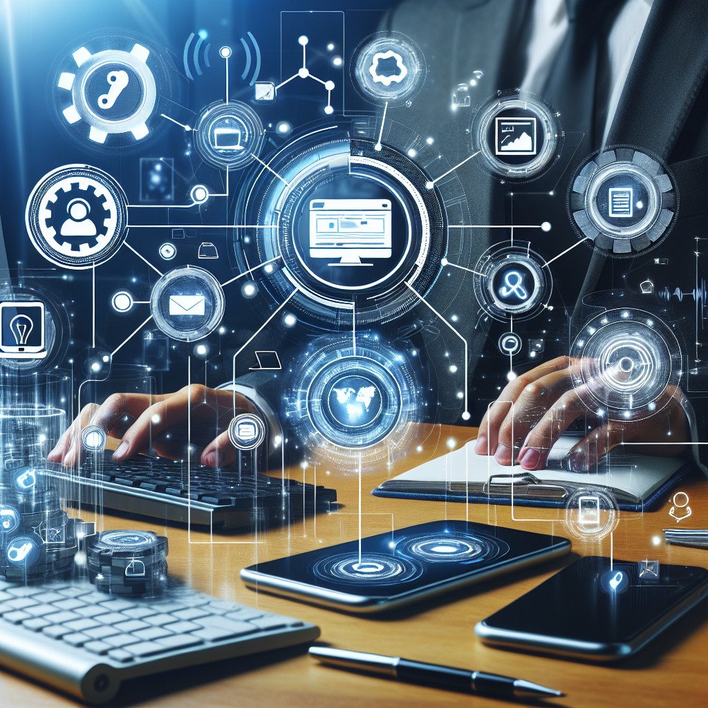 Une illustration dynamique montrant des outils numériques interconnectés, symbolisant l'automatisation des tâches marketing, pour des campagnes optimisées des PME.