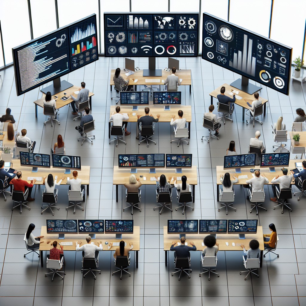 Vue aérienne d'un bureau moderne avec des écrans affichant des graphiques de marketing digital et des équipes collaborant autour de tables.