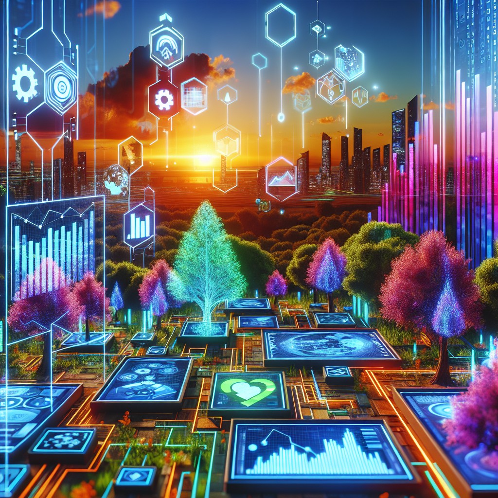 Image de couverture représentant un paysage numérique futuriste avec des éléments de marketing digital.